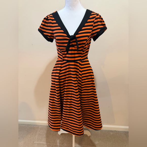 Unique Vintage Dresses & Skirts - Unique Vintage Orange and Black Striped Midi Flare Dress Size Small